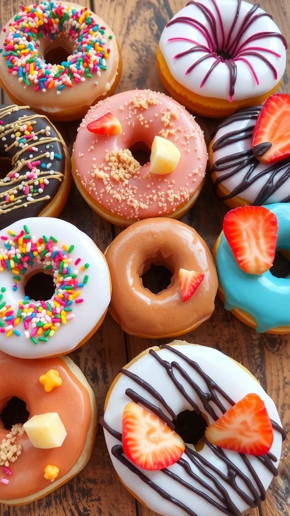 A variety of decorated donuts with colorful glazes, sprinkles, and fresh fruit on a wooden table.
